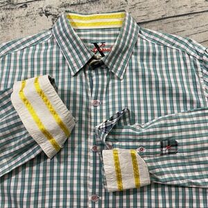 Robert Graham X Tailored Fit Mens M Gingham Plaid Striped Flip Cuffed Shirt